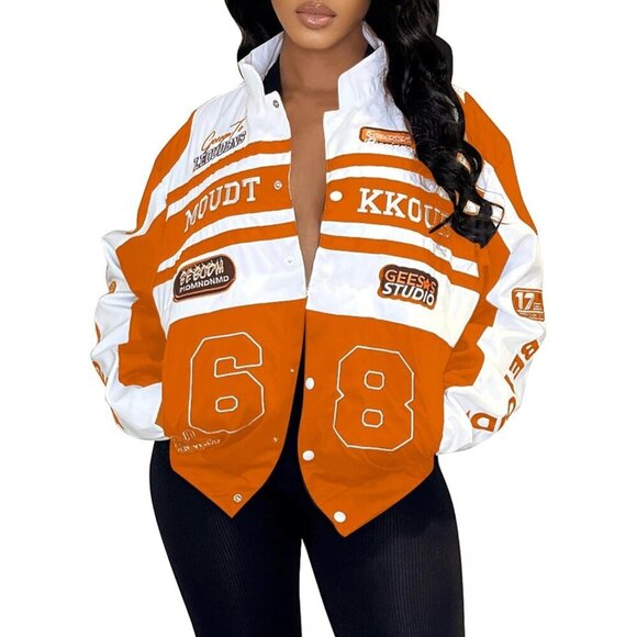 Jackets & Blazers - Women Varsity Jacket Motorcycle Racer Detachable Letter Graphic Jackets Orange
